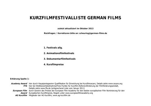 Kurzfilmfestival Guide - German Films