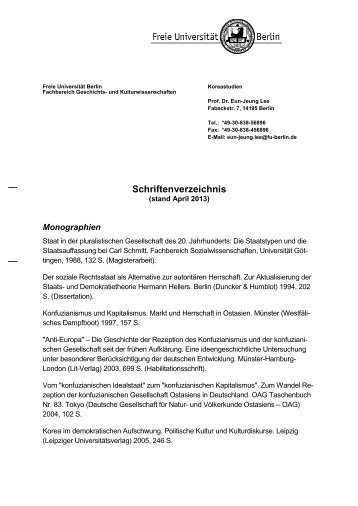 Schriftenverzeichnis - Fachbereich Geschichts - Freie Universität ...