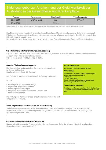 Weiterbildungskatalog 2013/2014 - Akademie der Gesundheit Berlin ...