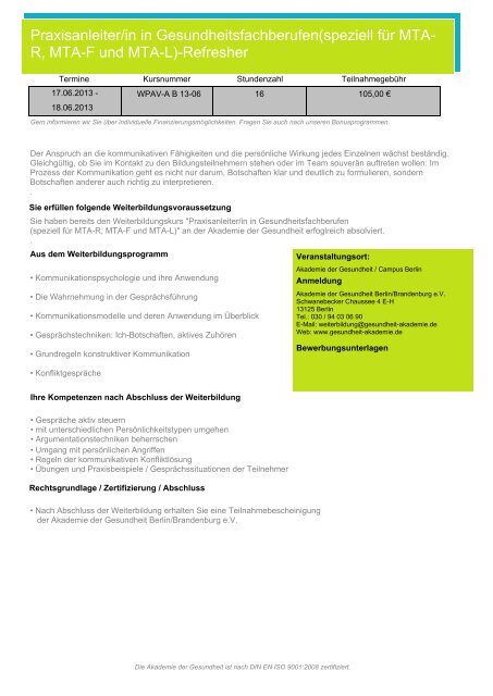 Weiterbildungskatalog 2013/2014 - Akademie der Gesundheit Berlin ...