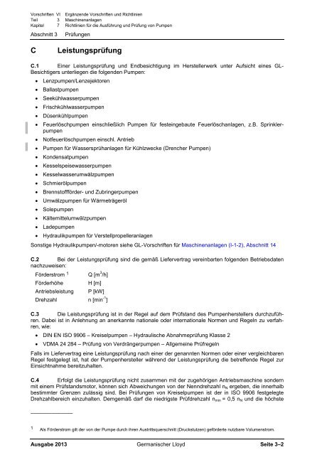 (VI-3-7) Richtlinien für die Ausführung und Prüfung von Pumpen