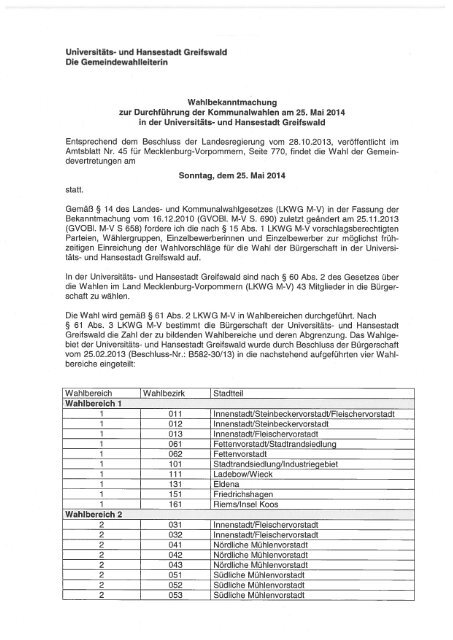 Universitäts- und Hansestadt Greifswald Die Gemeindewahlleiterin ...