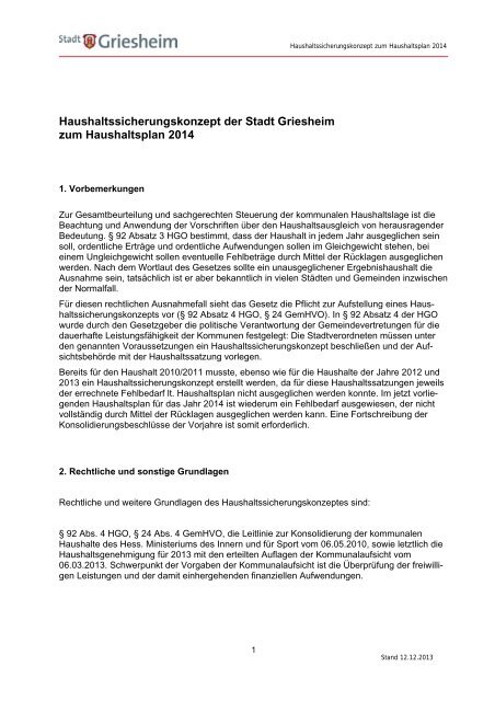 Haushaltssicherungskonzept 2014 - Stadt Griesheim