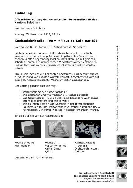 Einladung Kochsalzkristalle – Vom «Fleur de Sel» zur ISS - guidle