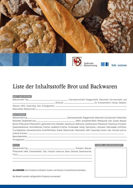 Liste Der Inhaltsstoffe Brot Und Backwaren