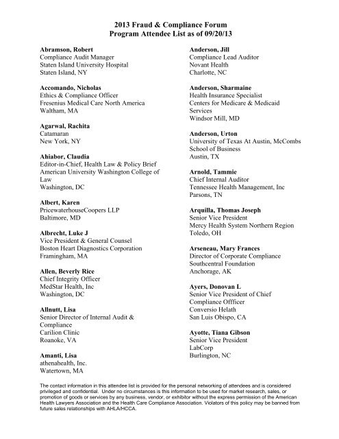Attendee List - American Health Lawyers Association