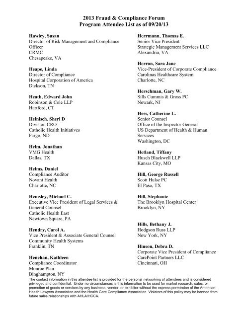 Attendee List - American Health Lawyers Association