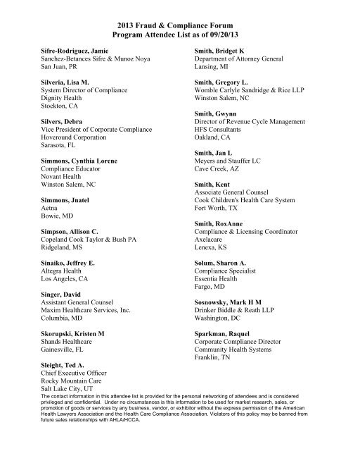 Attendee List - American Health Lawyers Association