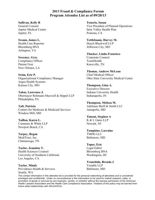 Attendee List - American Health Lawyers Association