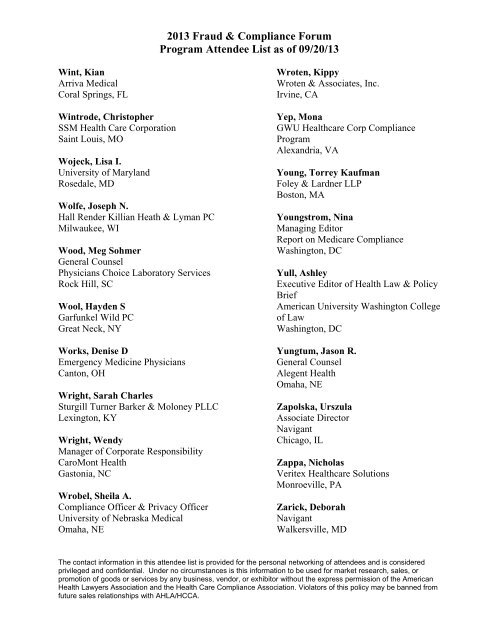 Attendee List - American Health Lawyers Association