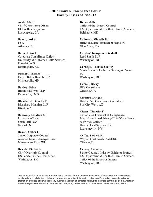 Attendee List - American Health Lawyers Association