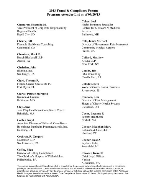 Attendee List - American Health Lawyers Association