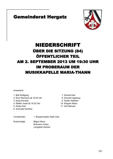 Protokoll der Sitzung Nr. 84 vom 02.09.2013 - Gemeinde Hergatz