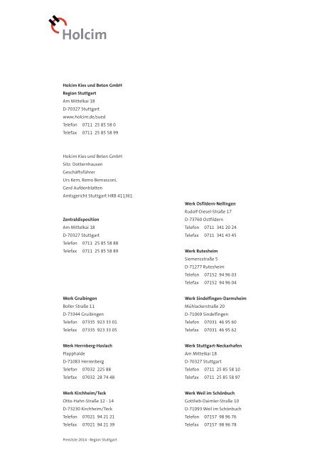 PreislisteKies + Beton 2014, Region Stuttgart, Holcim Kies und ...