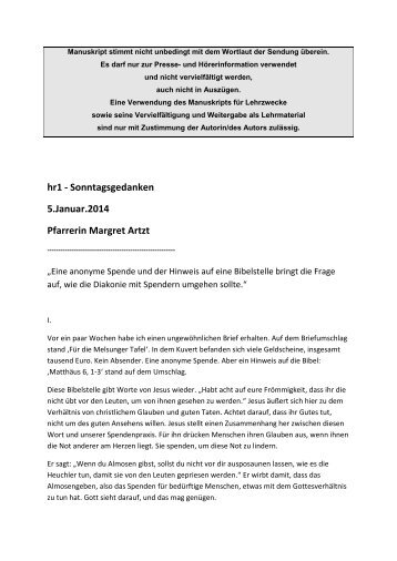 hr1 - Sonntagsgedanken 5.Januar.2014 Pfarrerin Margret Artzt