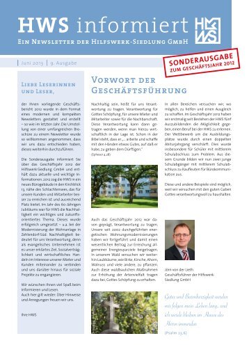 HWS Newsletter Sonderausgabe zum Geschäftsjahr 2012