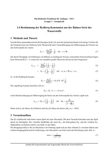 3.4 Bestimmung der Rydberg-Konstanten aus der Balmer-Serie des ...