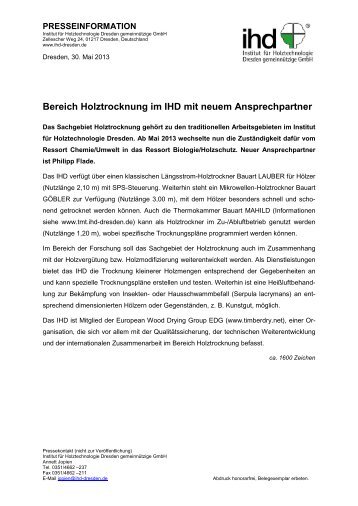 Bereich Holztrocknung im IHD mit neuem Ansprechpartner