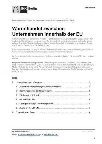 Warenhandel zwischen Unternehmen innerhalb der EU - IHK Berlin