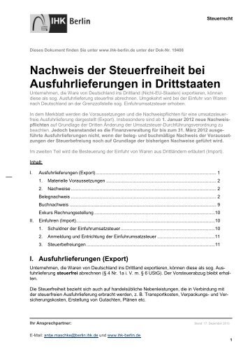 Nachweis der Steuerfreiheit bei Ausfuhrlieferungen in ... - IHK Berlin