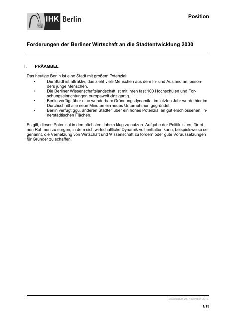 Position Forderungen der Berliner Wirtschaft an die ... - IHK Berlin