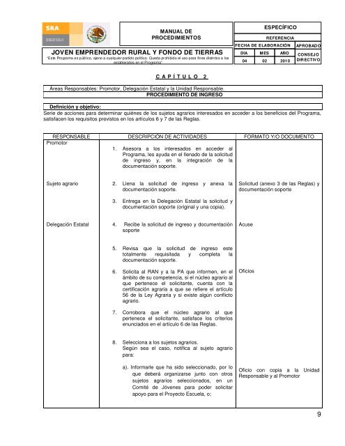 Manual de procedimientos Joven Emprendedor Rural 2010 - Sedatu