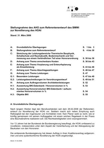 Stellungnahme des AHO zum Referentenentwurf des BMWi zur ...