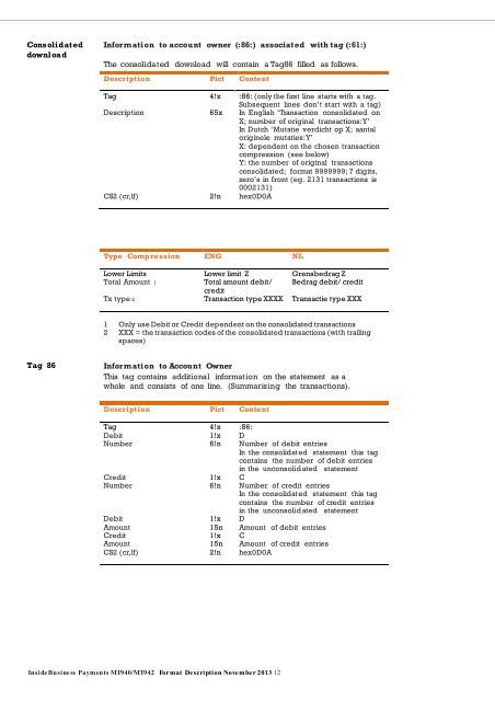 InsideBusiness Payments MT940 Customer Statement Message - ING