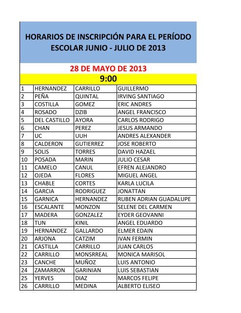 horarios de inscripciÃ³n para el perÃ­odo escolar junio - julio de 2013 ...