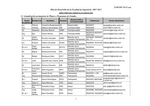 1 Plan de Desarrollo de la Facultad de IngenierÃ­a 2007-2011 1.1 ...