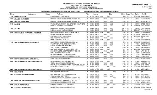 Horarios del Semestre - Facultad de IngenierÃ­a