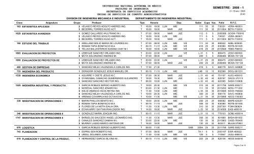 Horarios del Semestre - Facultad de IngenierÃ­a