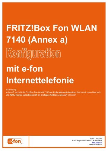 FRITZ!Box Fon WLAN 7140 (Annex a) mit e-fon Internettelefonie