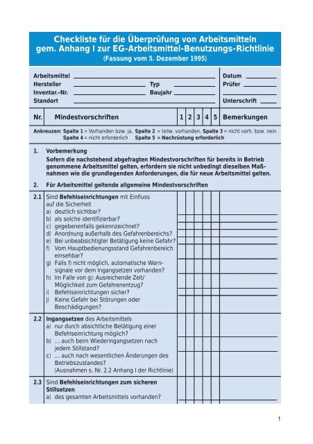 Checkliste für die Überprüfung von Arbeitsmitteln