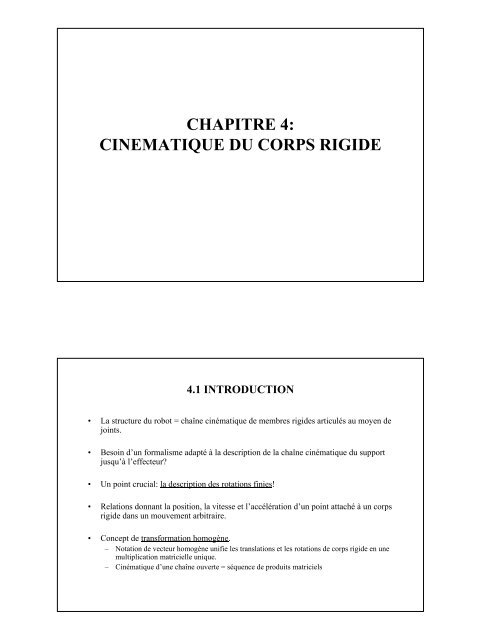 Representation des deplacements finis et infinitesimaux des robots