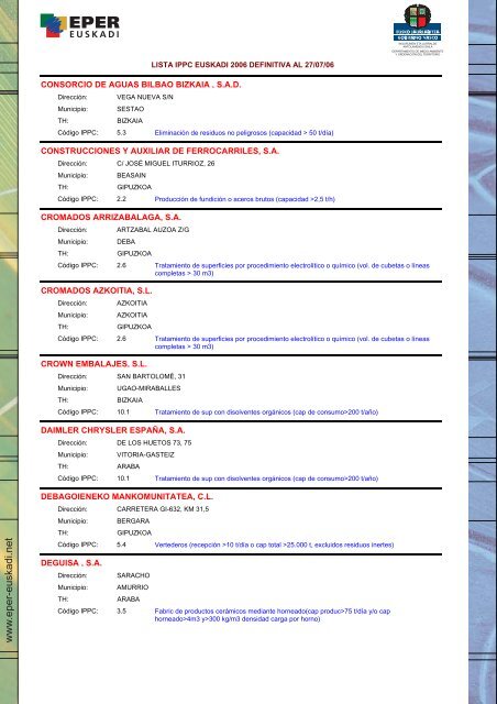 Lista IPPC Euskadi 2006 - Euskadi.net