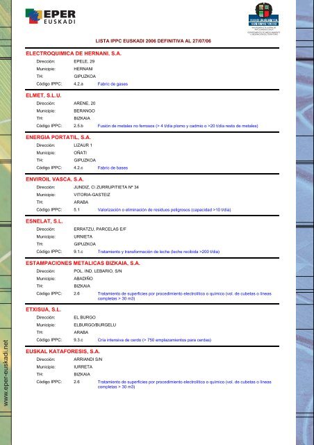 Lista IPPC Euskadi 2006 - Euskadi.net