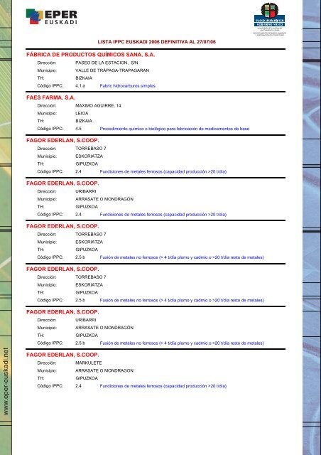 Lista IPPC Euskadi 2006 - Euskadi.net