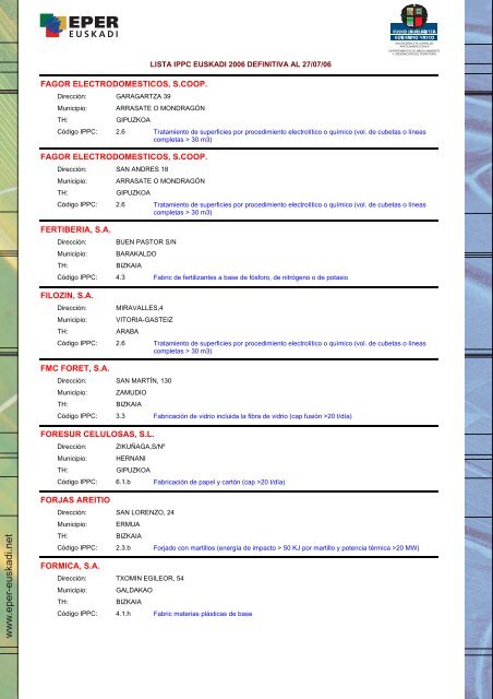 Lista IPPC Euskadi 2006 - Euskadi.net