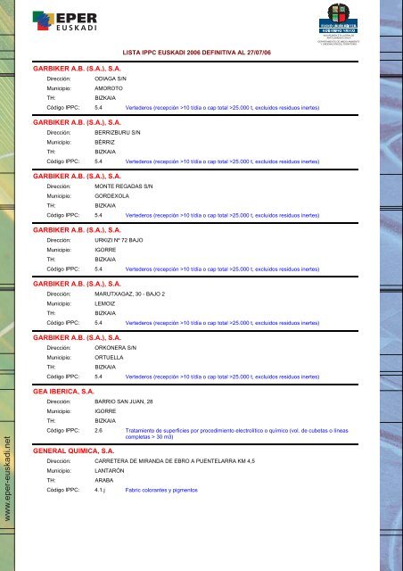 Lista IPPC Euskadi 2006 - Euskadi.net