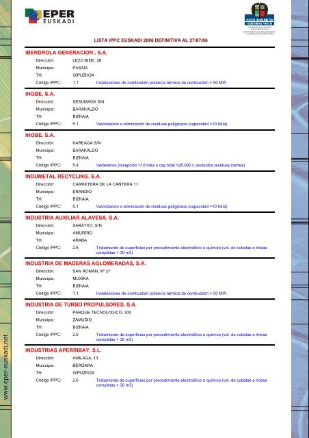 Lista IPPC Euskadi 2006 - Euskadi.net