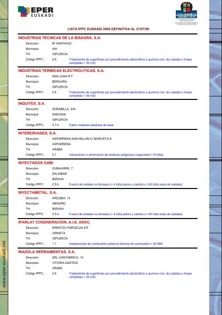 Lista IPPC Euskadi 2006 - Euskadi.net