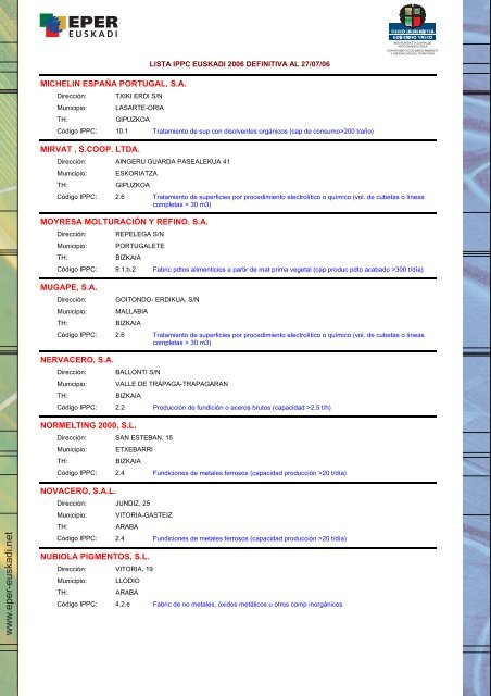 Lista IPPC Euskadi 2006 - Euskadi.net