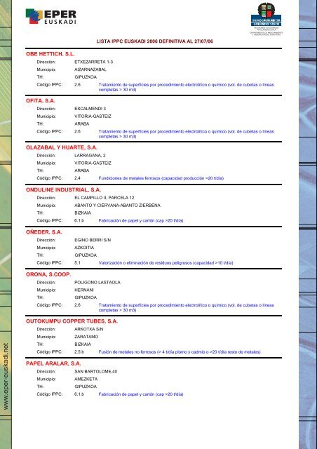 Lista IPPC Euskadi 2006 - Euskadi.net