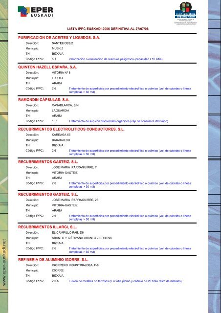 Lista IPPC Euskadi 2006 - Euskadi.net