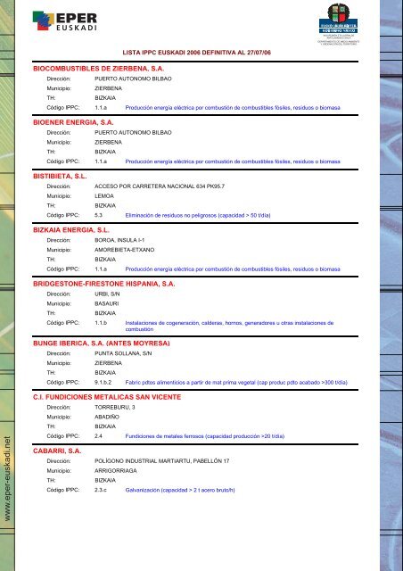 Lista IPPC Euskadi 2006 - Euskadi.net