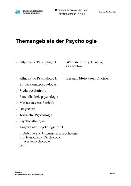 Themengebiete der Psychologie - INI-Raum