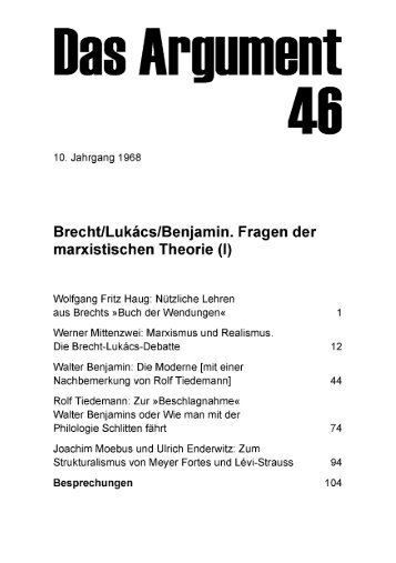 Brecht/LukÃ¡cs/Benjamin. Fragen der marxistischen Theorie (I)