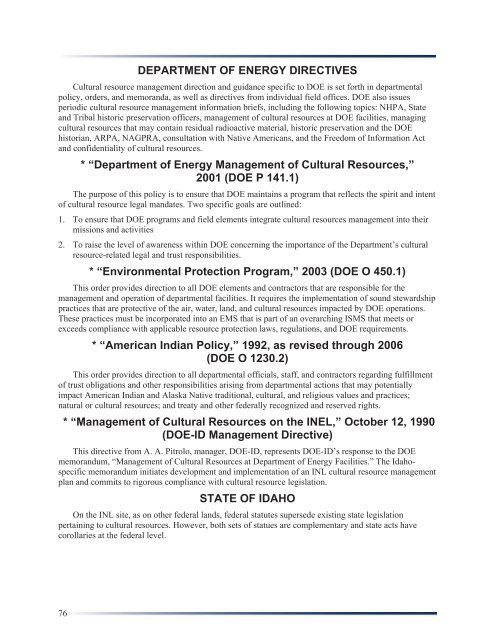 Idaho National Laboratory Cultural Resource Management Plan