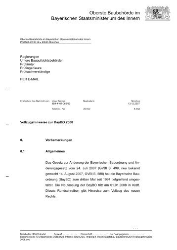 Vollzugshinweise zur BayBO 2008 - Bayerisches Staatsministerium ...